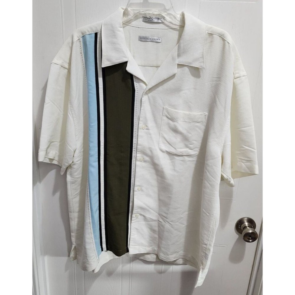 Geoffrey Beene White Brown Blue Camp Bowling Button Up‎ Short Sleeve Shirt Sz XL